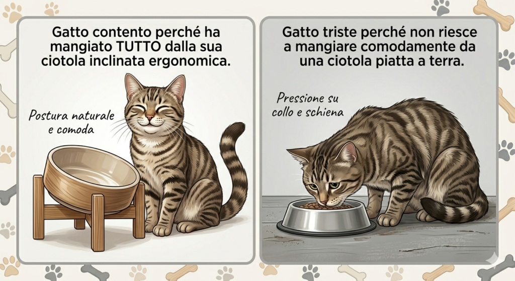 gatto che mangia da una ciotola inclinata