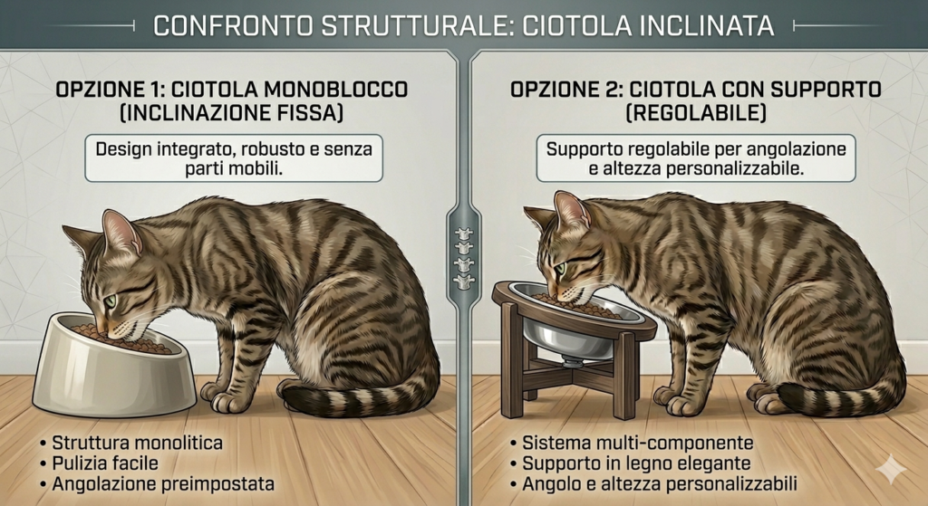 ciotola inclinata per gatti monoblocco e ciotola inclinata per gatti con supporto