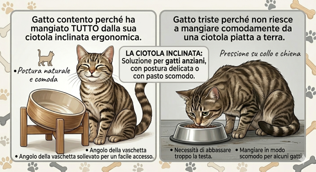 gatto che mangia da una ciotola inclinata per gatti