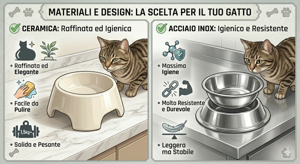 ciotole inclinate per gatti in ceramica e acciaio inox