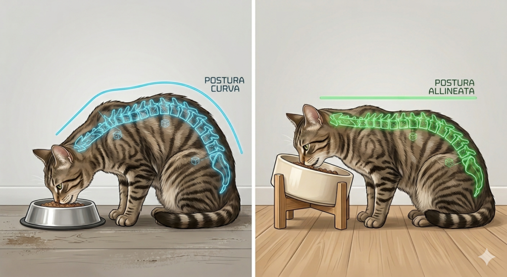 gatto che mangia da una ciotola inclinata